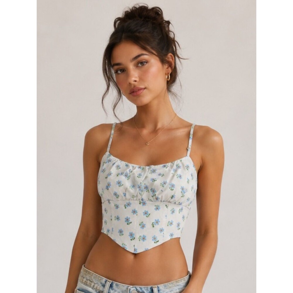 Kendall & Kylie Blue Floral Tie-Back Corset Cami Top Size Medium